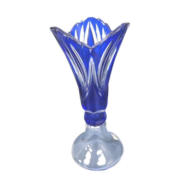 Czech Caesar Crystal Glass Vase Cobalt Blue Cut To Clear Bohemia Sticker Papers - Picture 1 of 7